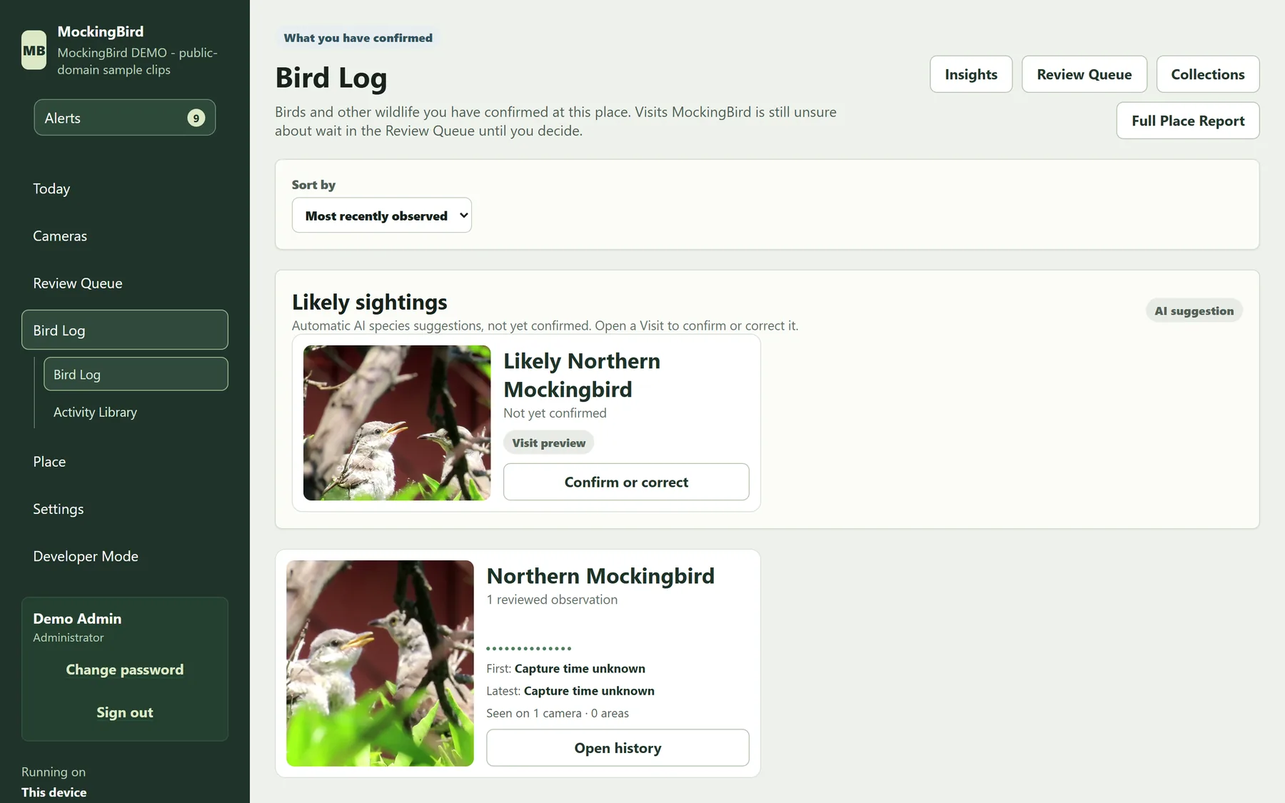 MockingBird Bird Log on a demo instance: a provisional Likely Northern Mockingbird suggestion kept apart from a person-confirmed Northern Mockingbird entry with one reviewed observation.